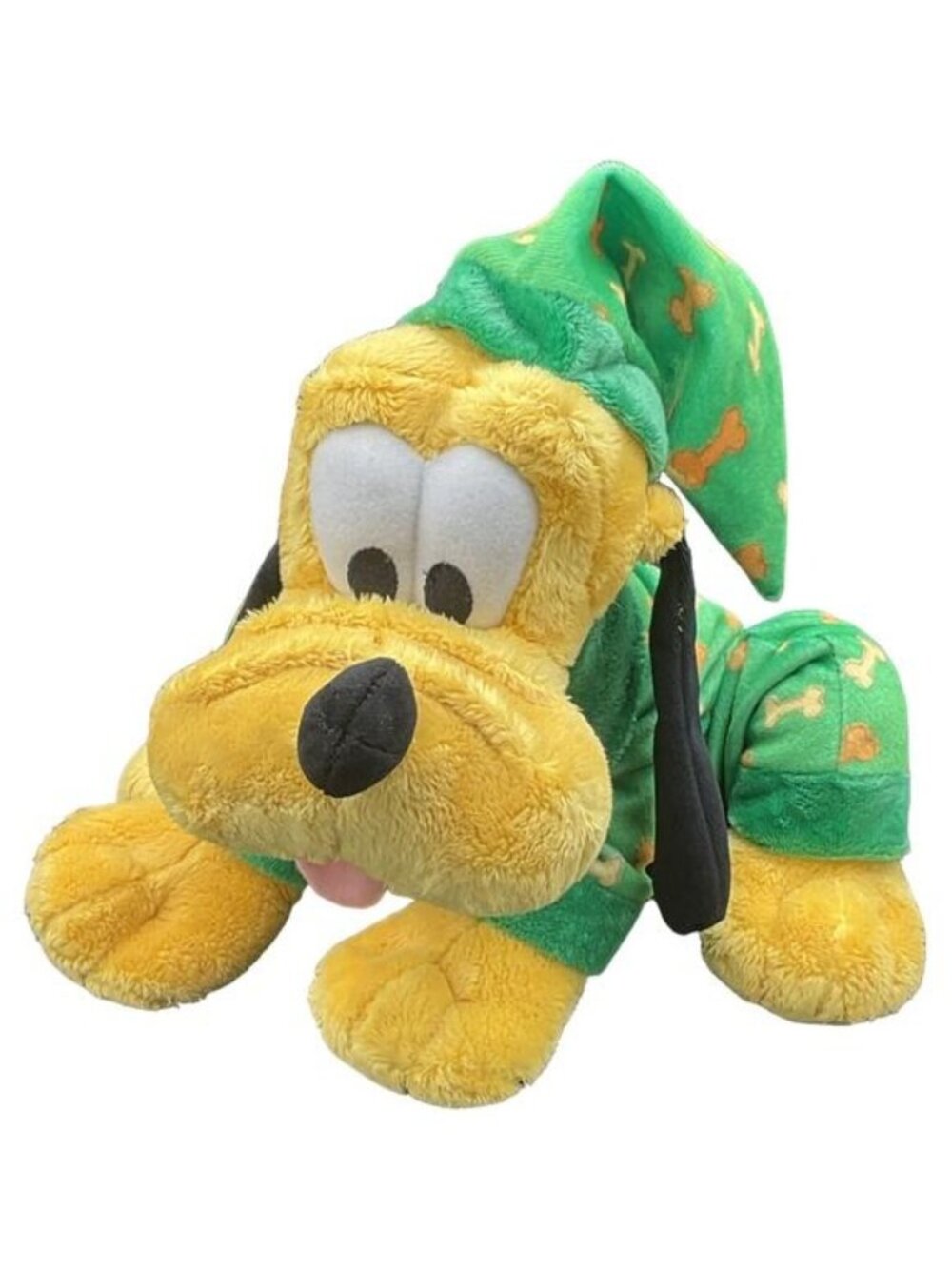 Disney Store Pluto Plush in Green Bone Pajamas Sleepy Nightcap Bedtime Dog 9"